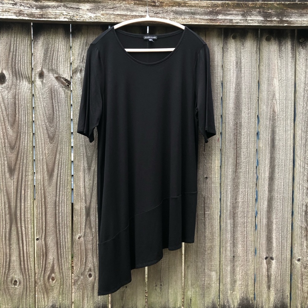 Eileen Fisher Asymmetric Hem Tunic Black Jersey Size L Half Sleeve Side Slit